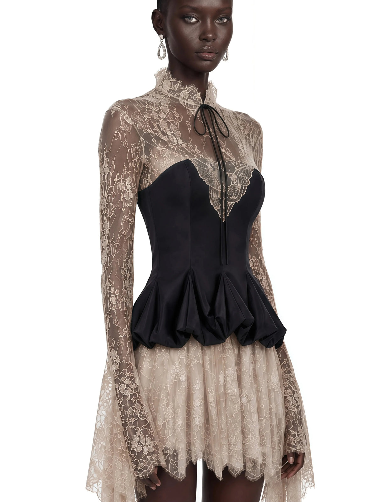 Black Lace Long Sleeve Mini Evening Dress High Neck Corset Party Dress Luxury Formal Wear Women