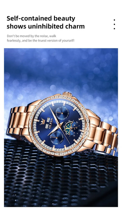 OLEVS 6695 NEW Men's Watches Full Multifunctional Dial Blue Leather Strap Calendar Week Moon Phase Waterproof Wristwatch...