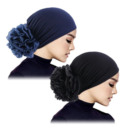 Women's Hijabs Turban Big Flower Elastic Cloth Hair Bands Hat Beanie Ladies Muslim Solid Hair Loss Scarf Cap Hair Accessories