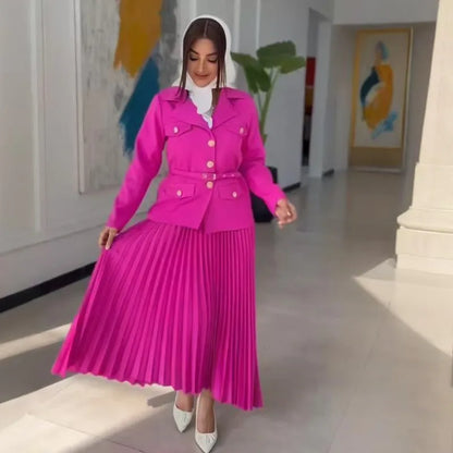 Elegant Women Two Pieces Set Single-breasted Lapel Jacket Coat Belt Pleated Midi Skirt Suit 2025 office Lady New In Matching Set