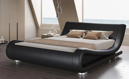 Queen Size Bed Frame with Faux Leather Ergonomics Headboard, No Box Spring Needed & Easy Assembly, Queen Size Bed Frame