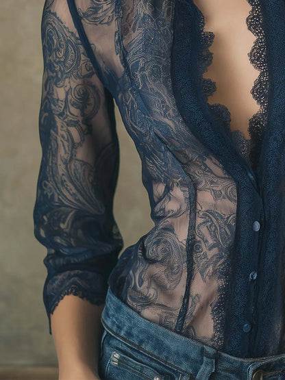 Romantic Paisley Print Lace Trim Sheer Shirt Sexy Single Button Long Sleeve Turn Down Collar Mesh Blouse Shirt Tops 2025