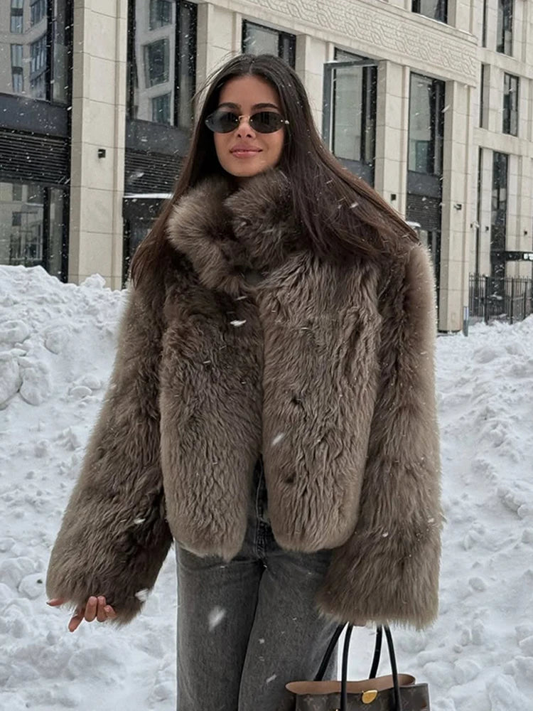 Fashion Brown Faux Fur Overcoat Women Luxury Lapel Long Sleeve Fluffy Coat 2025 Winter Female Thicken Warm High Street Outwear