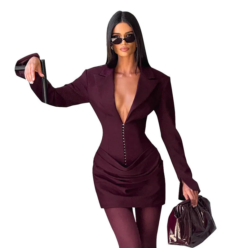 Blifanbo Elegant Deep V Neck Ruched Mini Autumn Long Sleeve Slim High Waist Fashion Patchwork Club Party Dress Female Clothes