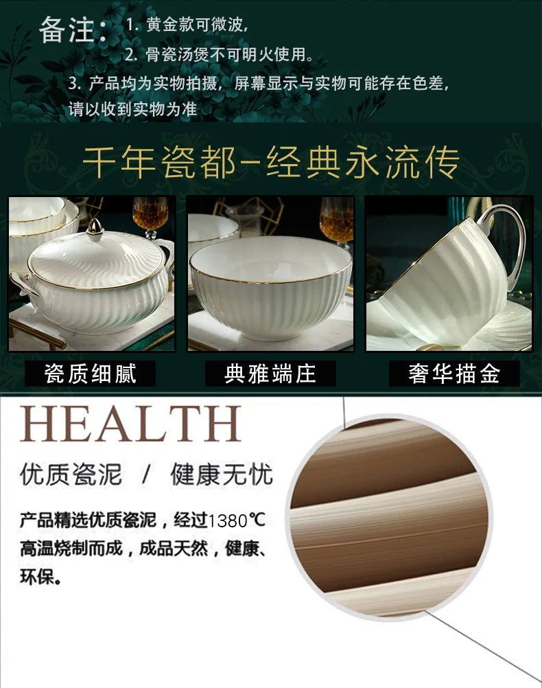 Bowl and dish set bone china tableware set bowl Jingdezhen light luxury simple hand drawn gold ceramic bowl and chopsticks plate - Kimlud