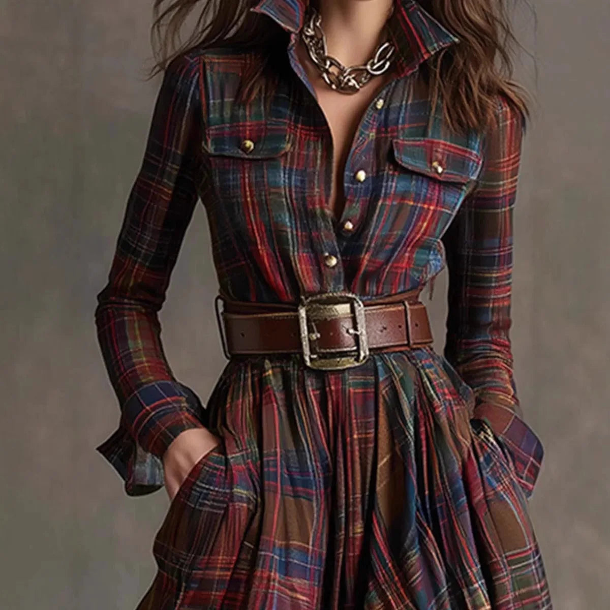 European American Women's Shirt Maxi Dress Autumn Casual Long Sleeve Button Pocket Plaid Print Lapel Retro Long Dress...
