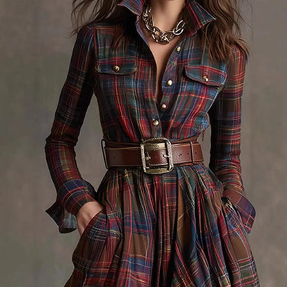 European American Women's Shirt Maxi Dress Autumn Casual Long Sleeve Button Pocket Plaid Print Lapel Retro Long Dress...