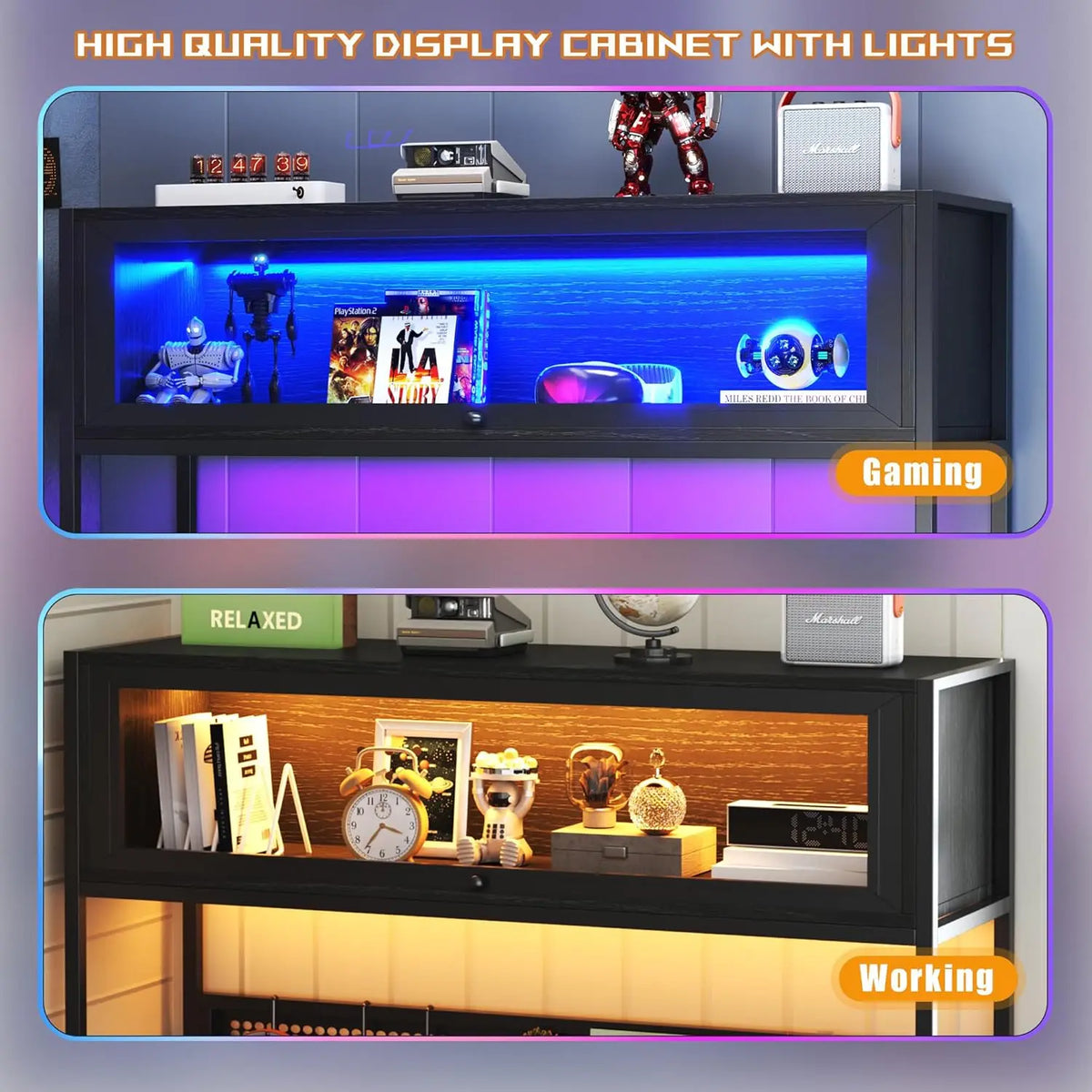 L Shaped Gaming Desk with Power Outlets & LED Lights, 49'' Reversible Computer Desk with Hutch & Pegboard & Display...