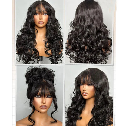 250% 3X1 Middle Part Lace Wig Full Machine Made 15A Body Wave Wigs With Bangs Easy To Go Human Hair For Black Women Natural Look