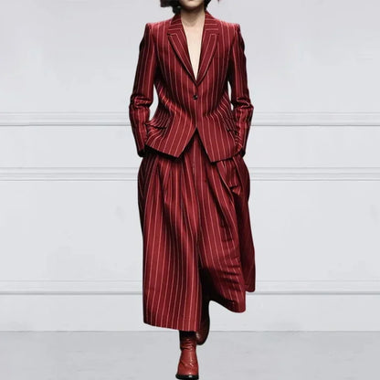 UOOZEE Office Lady Formal Business 2 Piece Sets Striped Long Sleeves Notched Collar Blazer & High Waisted Wide Leg Pants...