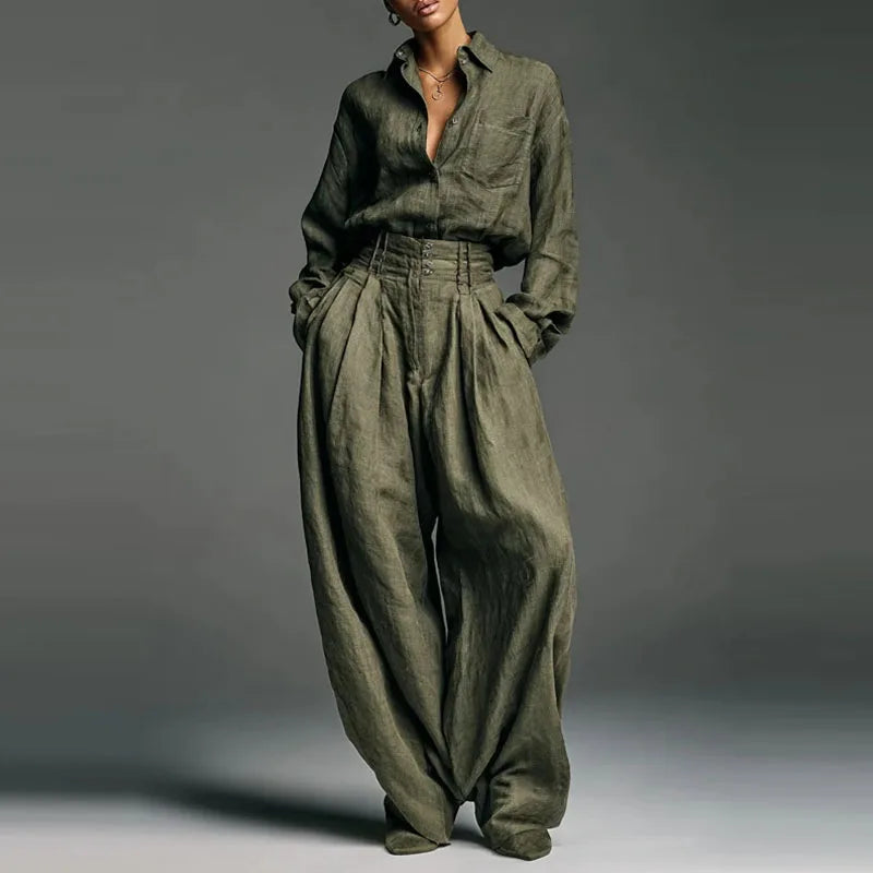 Leisure Simple Long Sleeve Shirts & Pants Sets Vintage Solid Color Loose Commute Outfits Autumn Women New Pocket Pants Outfits