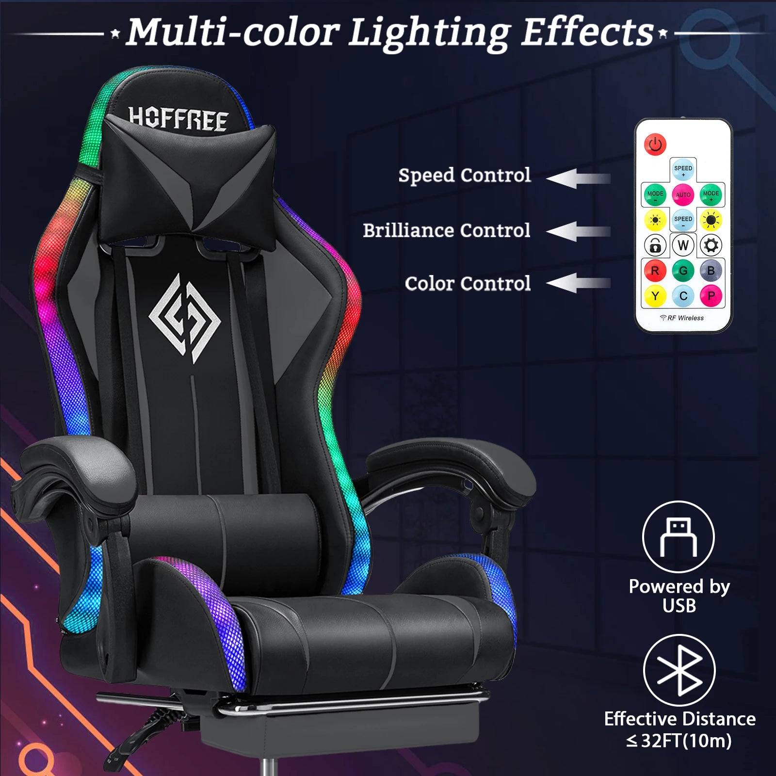 Gaming Chair Massage with LED RGB Lights and Footrest Ergonomic Computer Chair High Back Video Game Chair with Adjustable Lumbar