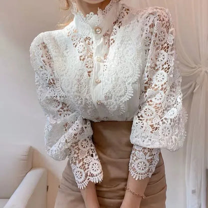 Spring Elegant Lace Office Shirt Women's Blouse Long Sleeve Button Up Blouses Tops 2025 Spring Fashion Casual Ladies Shirts Top
