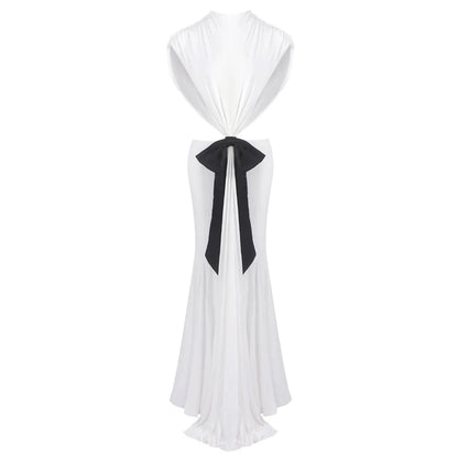 Sexy Elegant Backless Bow Lace Up Maxi Dress Women Sleeveless Hollow Out Party Evening Long Dresses White Purple Robes