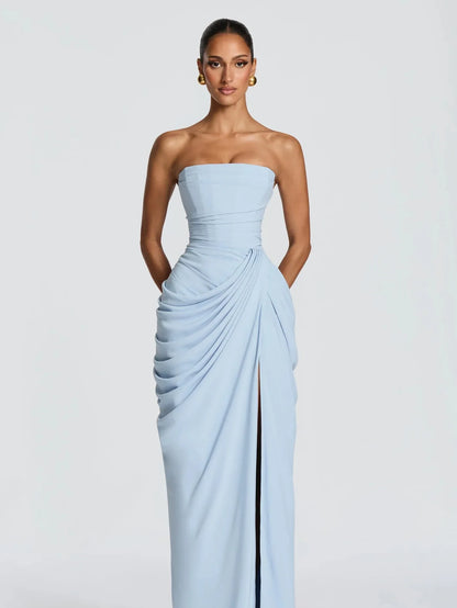 Ofherown Light Blue Strapless Corset Evening Dress Prom Gown Ruched Chiffon Formal Party Maxi Dress With High Slit  Lace-Up Back
