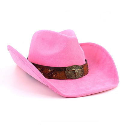 Western Big Brim Cowboy Hat Bull's Head Leather Band Suede Top Hat Outdoor Mens Hats Ladies Party Horse Riding Cowgirl...