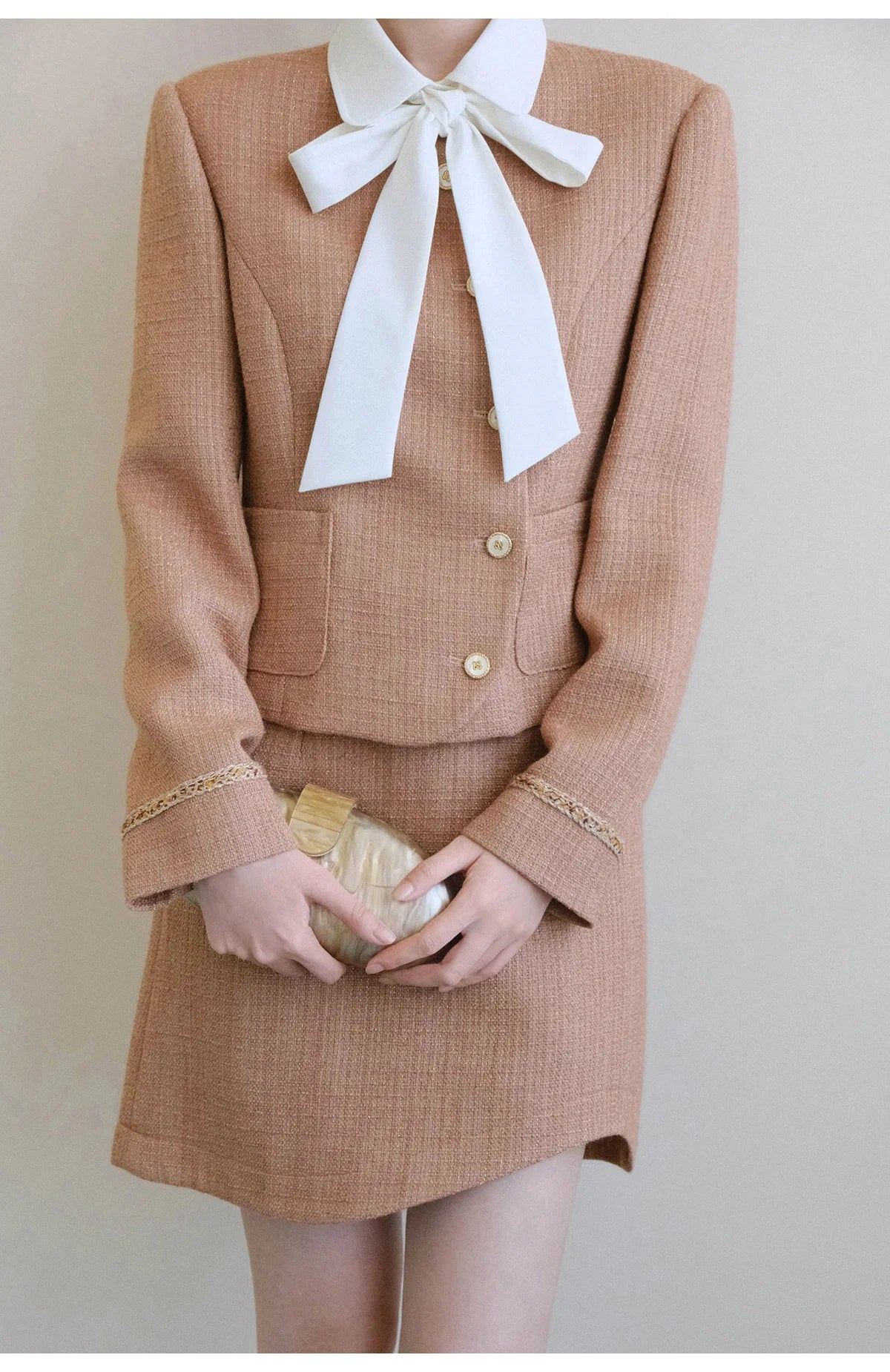 XXNING Luxury Faion Set Women's Autumn Winter ort Coat Skirt Two-Piece Suit Ele Lady Sle  Knot Design