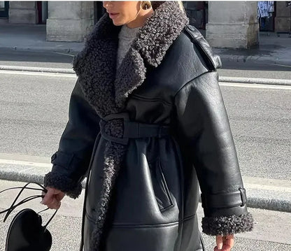 Faux Fur Leather Long Jacket Women Lapel Long Sleeve Belt Thicken Female Coats Winter Fashion Street Patchwork Lady Outwear