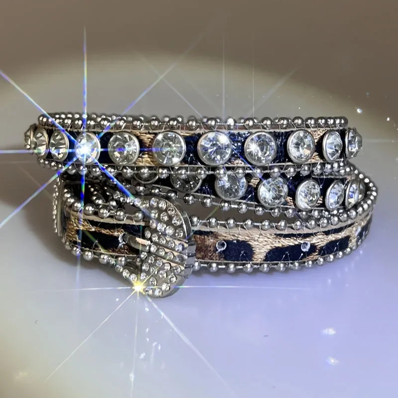 Sexy Leopard Rhinestone Belt Women's Bling Belt Punk Y2k Metal Buckle Sequin Belts Pu Fashion Waistband Jeans Pants...