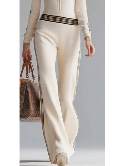Contrast Color Stitching Pit Strip Knitted Jumpsuit New Women's Spring Autumn Long-sleeved Zippered Long-sleeved Hooded Jumpsuit - Kimlud