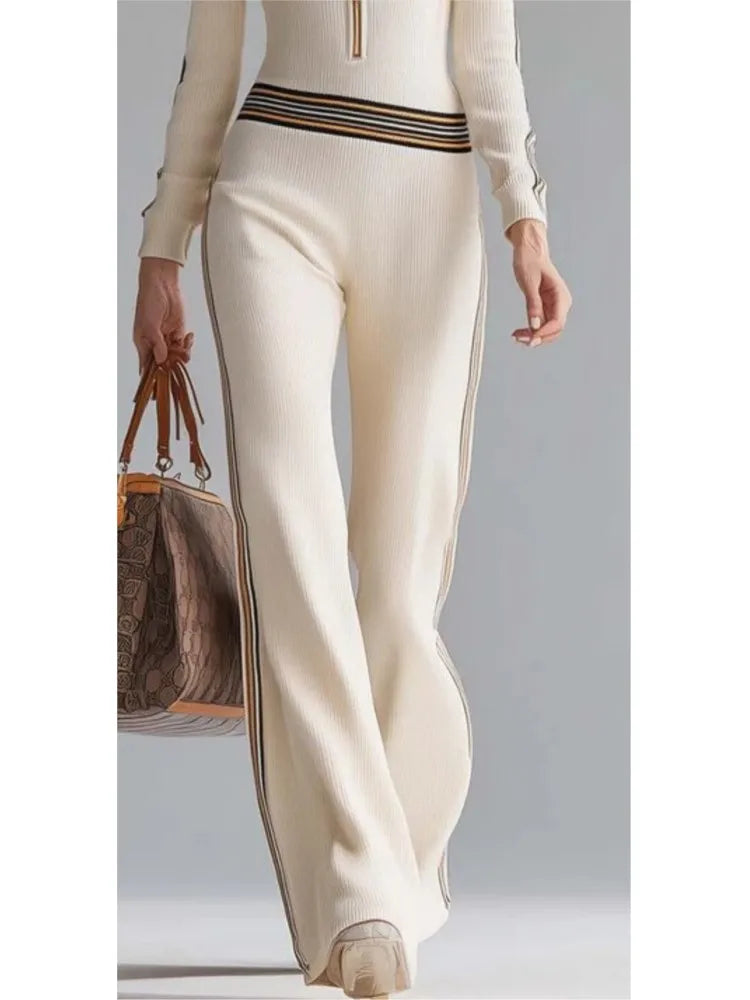 Contrast Color Stitching Pit Strip Knitted Jumpsuit New Women's Spring Autumn Long-sleeved Zippered Long-sleeved Hooded Jumpsuit - Kimlud