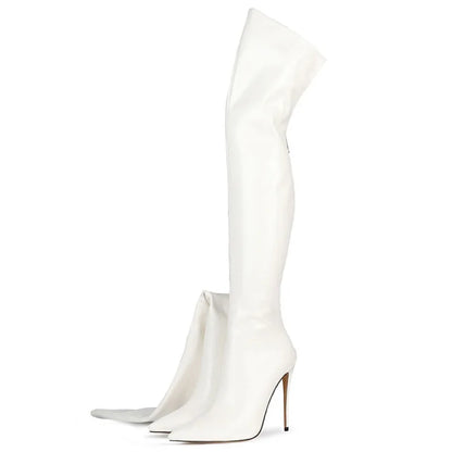 Back Zipper Slim Leg Thigh Boots For Woman 2025 New Pointed 12CM Thin High Heels Glossy Leather Black Over The Knee Women Boots