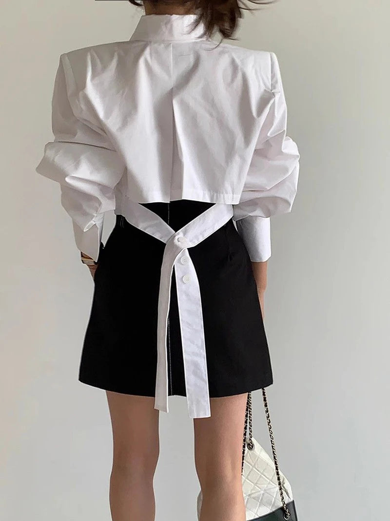 Zoki Korean Cropped White Shirts Women Back Lace Up Design Blouse Vintage Casual Long Sleeve Lady Elegant Hollow Out...