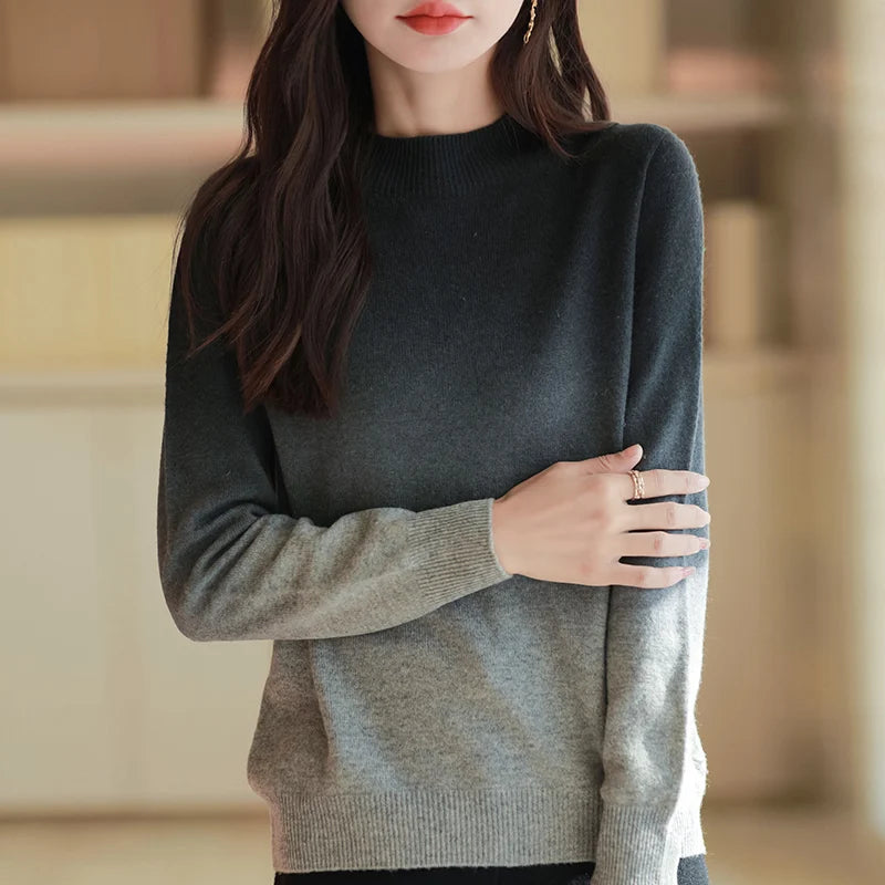 Women New Fine Wool Thickening Sweater Outwear Gradient Mock Collar Pullover Autumn Winter Bottoming Casual Warm Knitting Tops