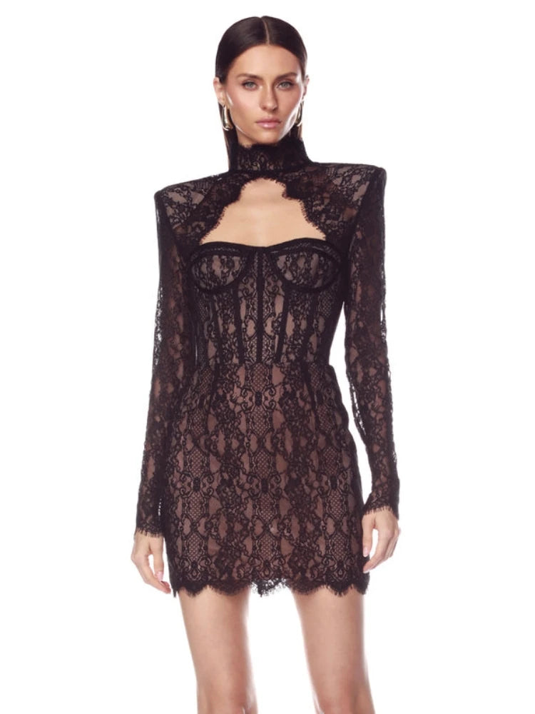 Sexy Long Sleeve High Neck Cut Out Lace Mini Dress Women Elegant Black Backless Bodycon Dresses Celebrity Evening Party...