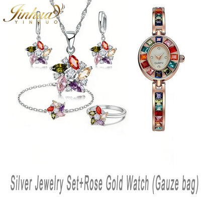 26 Wellness Jewelry Set 925 Sterling Silver Windmill Colorful Good Lucky CZ Necklace Earrings Bracelet Ring+Gift Box For Women