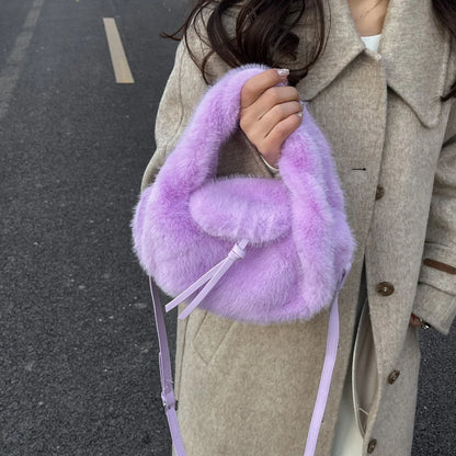 Cute Tan Faux Fur Top Handle Bag 2-in-1 Crossbody Bag Winter Warm Casual Handbag Ideal for Dating Shopping Outings for Women