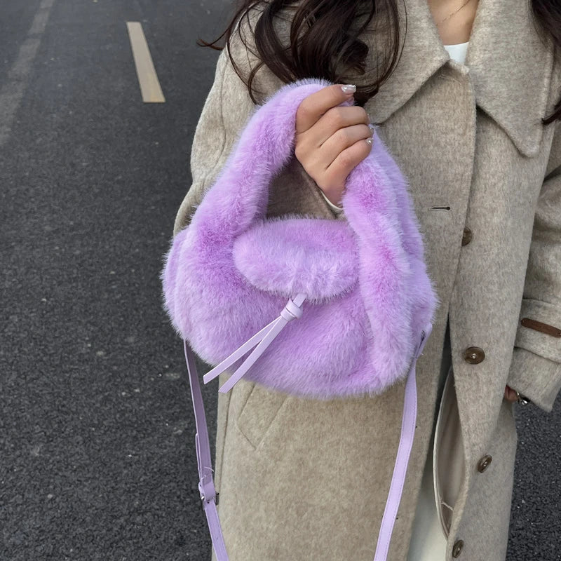 Cute Tan Faux Fur Top Handle Bag 2-in-1 Crossbody Bag Winter Warm Casual Handbag Ideal for Dating Shopping Outings for Women