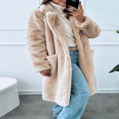 Autumn Winter Long Loose Pure Color Plu Rabbit Fur Coat with kets Women's plus Size Casual Outerwear Coat