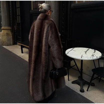 Fashion Brown Faux Fur Overcoat Women Luxury Lapel Long Sleeve Fluffy Coat 2025 Winter Female Thicken Warm High Street Outwear