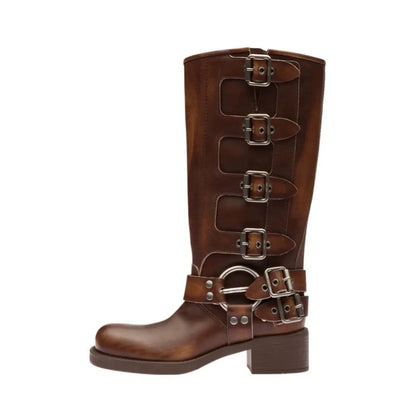 Arden Furtado 2025 Genuine Leather Platform Rivet Motorcycle boots Round toe Belt buckle Block heel mid wide calf Western boots