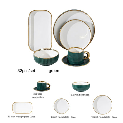 32pcs/set under glazed ceramic dinner set plate bowl cup saucer set with gold trim for 6 people | Kimlud Luxury Rug