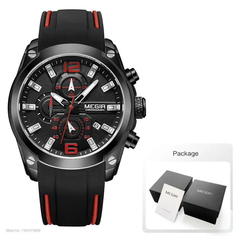 Megir Men's Chronograph Analog Quartz Watch with Date, Luminous Hands, Waterproof Silicone Rubber Strap Wristswatch for Man