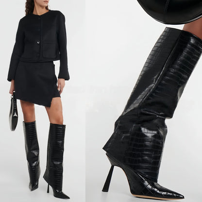 Women's Fashion Retro Stone Pattern Pointed Sleeve Skirt Boots European and American High End Loose Pants Banquet Boots