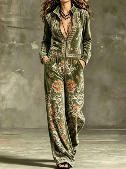 Women Vintage Velvet Jumpsuit Flower Print Stand Collar Zip Front Long Sleeve Wide Leg Loose Romper Formal Cocktail...