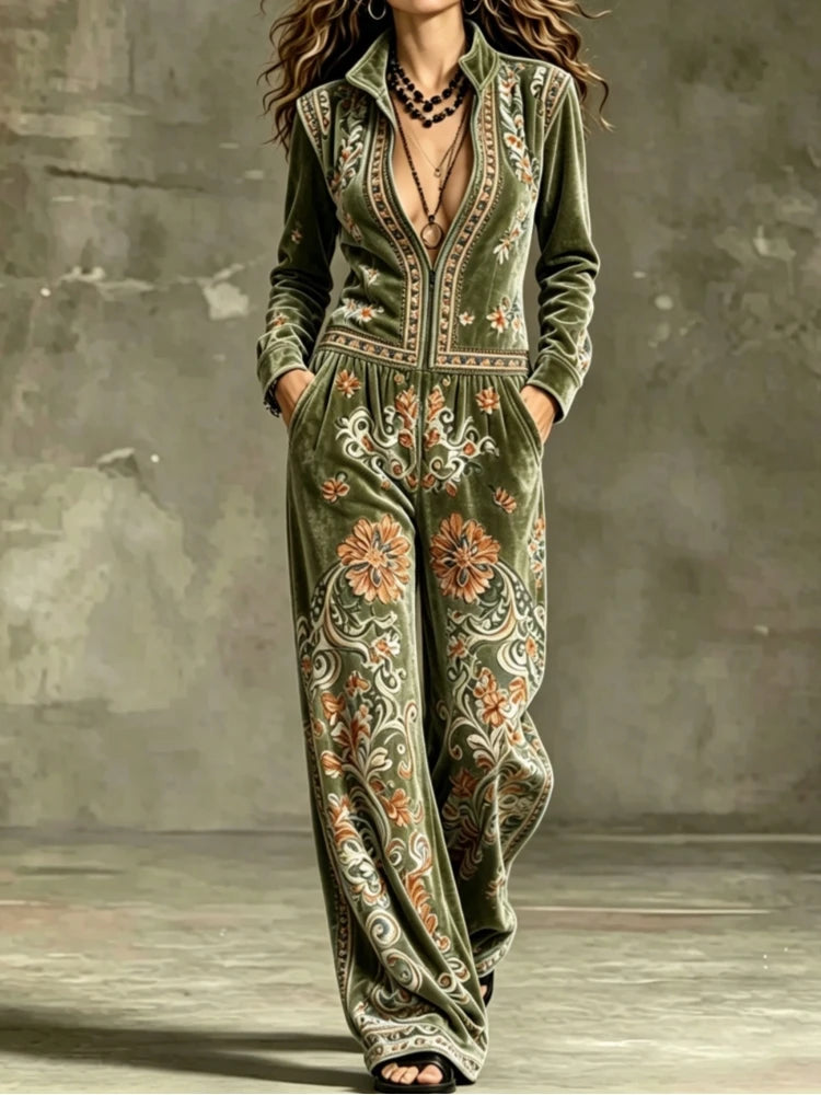 Women Vintage Velvet Jumpsuit Flower Print Stand Collar Zip Front Long Sleeve Wide Leg Loose Romper Formal Cocktail...