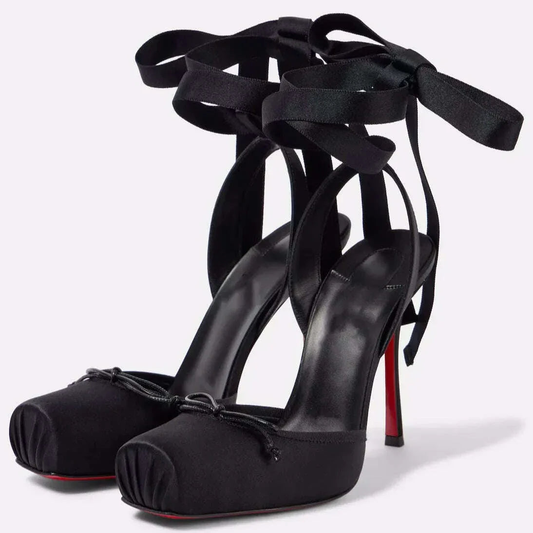 Balck Stain Lace Up Ballet Shoes Girl Pink Square Toe Bow Tie Stiletto Heel Ankle Strap Slingback Elegant Summer Sexy Pumps