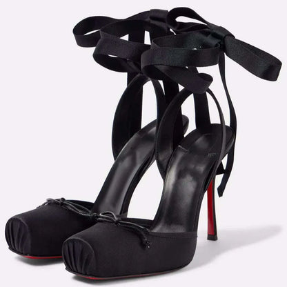 Balck Stain Lace Up Ballet Shoes Girl Pink Square Toe Bow Tie Stiletto Heel Ankle Strap Slingback Elegant Summer Sexy Pumps