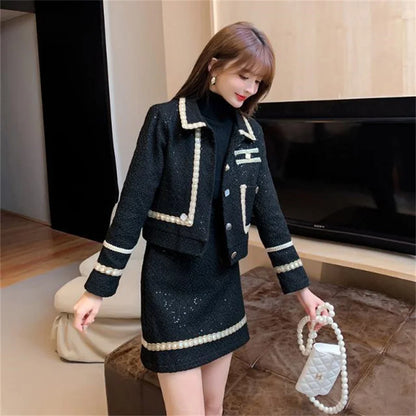 Female Xiaoxiang Style Short Jacket Tops Skirt 2 Piece Set Autumn Winter Lady Tweed Wool Jacket Mini Skirts 2PCS Women...