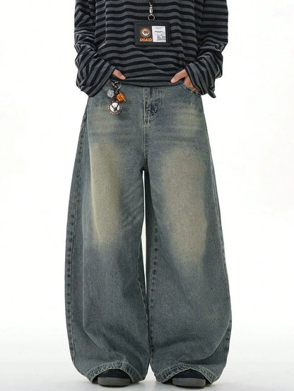 Men's loose straight-leg wide-leg jeans, sea blue casual American street style pants, comfortable cut, suitable for daily wear i