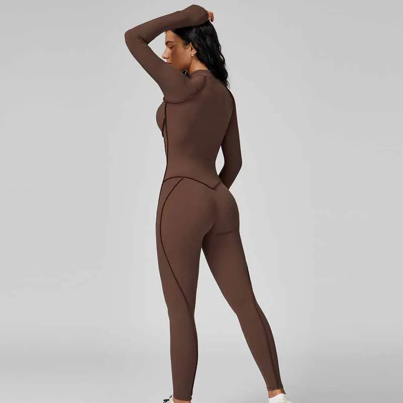 Yoga Bodysuit Long Sleeved Women's Tracksuits Gym Zipper Jumpsuits Sports Workout High-intensity Fitness One-piece Tights Suit - Kimlud