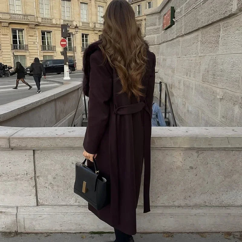 Solid Women Fur Collar Woolen Overcoat Stylish Patchwork Lace Up Long Sleeve V-neck Loose Coats 2026 High Street Warm Outerwear