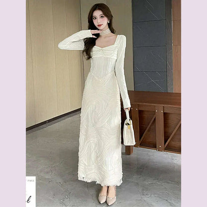 French Romantic Beige Textured Patchwork Design Elegant Square Neck Appliques Slim Elastic Knit Dress