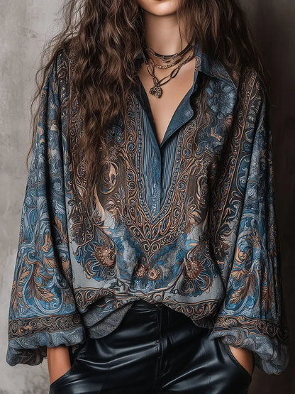 Retro Blue Paisley Print Loose Blouse Women Lapel Button Long Sleeve Basic Shirts Casual Beach Bohemian Tops blusas femmes