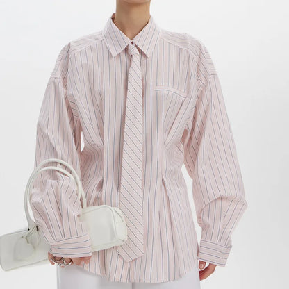 Women's Collar Striped Shirt with Asymmetrical Hem and Waist Cinching 2026 Spring summer Fashionable Casual Office...