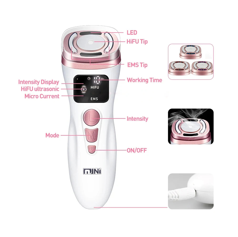 New Mini HIFU Ultrasonic Machine EMS  Microcorriente Facial Lifting Firming Skin Care Anti Wrinkle Massager